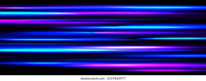 Neon glowing horizontal stripes background. Bright blue speed light effect. Magic trail flare lines texture. Luminous laser beams and rays wallpaper design. Futuristic neon streaks backdrop. Vector