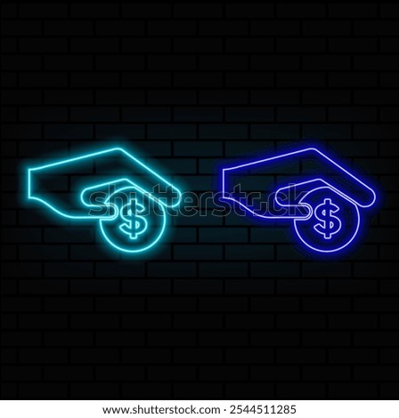 Neon glowing Human hand giving money icon isolated on black background. Receiving money icon. Glowing dollar on hand sign. neon hand holding usd icon..