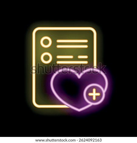 Neon glowing icon of adding an item to a wish list, featuring a heart and plus sign