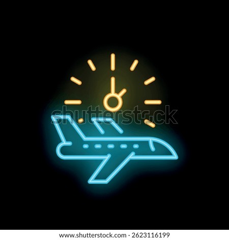 Neon glowing icon of an airplane taking off with a clock above symbolizing fast travel time