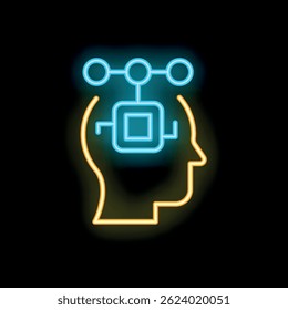 Neon glowing icon of artificial intelligence controlling the human mind with connections