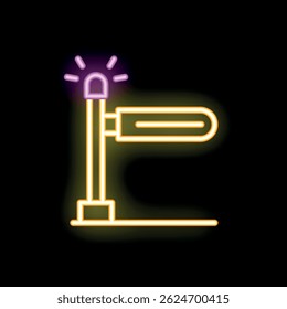 Neon glowing icon of an automatic rising arm barrier gate with flashing siren light