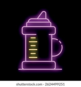 Neon glowing icon of baby bottle with scale measuring milk formula