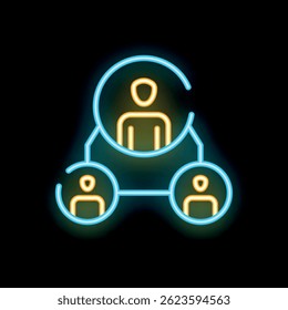 Neon glowing icon of a business hierarchy with a leader at the top and employees connected below