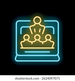 Neon glowing icon of business people having online meeting using laptop
