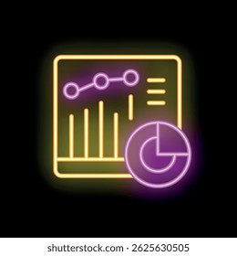 Neon glowing icon of a business report with growing chart and pie chart