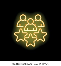 Neon glowing icon of a business team standing over a five stars rating, a concept for success and customer satisfaction