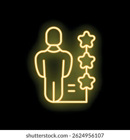 Neon glowing icon of businessman analyzing growing chart with stars, business success concept