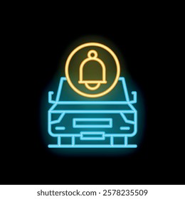 Neon glowing icon of a car with a notification bell above it on a black background, representing car alarm system or vehicle tracking app