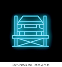 Neon glowing icon of a car service with a hydraulic lift for tire change or vehicle repairing