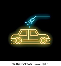 Neon glowing icon of car wash service with water hose spraying on a car