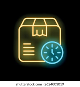 Neon glowing icon of a cardboard box with a clock representing fast delivery time