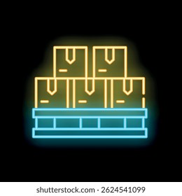 Neon glowing icon of cardboard boxes on wooden pallet representing logistics, delivery, warehouse and cargo services