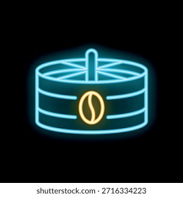 Neon glowing icon of a coffee container radiating light with a coffee bean on it on a black background