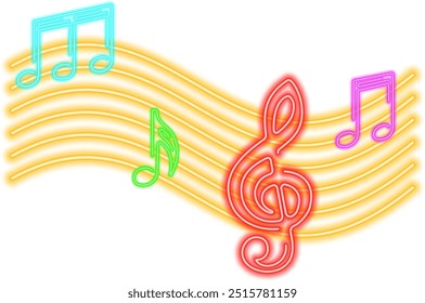 Neon glowing icon of colorful musical notes. Vector illustration of music note consisting of neon outlines. Music concept illustration for poster, flyer or banner design.