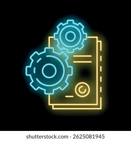 Neon glowing icon of copyright process with contract and gears on black background