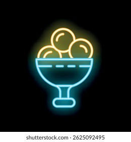 Ícone de néon brilhante de um copo cheio de objetos redondos representando um conceito em azul e amarelo