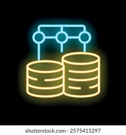 Neon glowing icon of data warehousing representing data integration and storage with connected databases