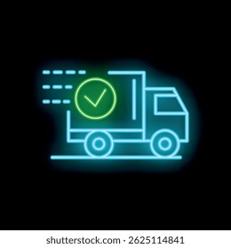 Neon glowing icon of a delivery truck moving fast with a green check mark symbol, representing successful and rapid shipping