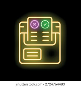Neon glowing icon of a document being processed showing a checkmark and a cross mark