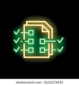 Neon glowing icon of a document with check marks next to each line, representing completed tasks