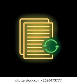 Icono de neón brillante de los documentos que se actualizan con el símbolo de reciclaje sobre fondo oscuro