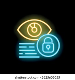 Neonleuchtendes Symbol eines Auges mit Daten, die durch ein Vorhängeschloss geschützt sind, das die Online-Privatsphäre symbolisiert