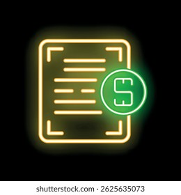 Neon glowing icon of a financial document with a dollar sign on it