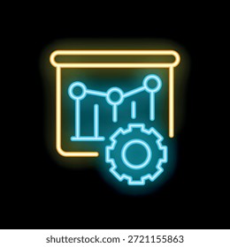 Icono de neón brillante de un engranaje que trabaja en la optimización de la carta de presentación, que representa el análisis y la mejora de datos