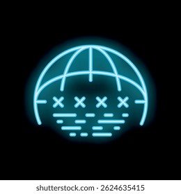 Neon glowing icon of global warming effect with sea level rising and flooding earth