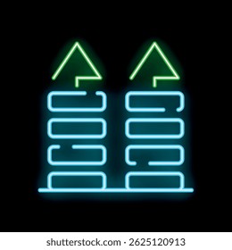 Neon glowing icon of a growing chart with a green arrow pointing up on a black background