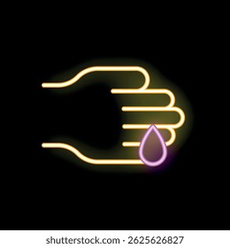 Neon glowing icon of a hand with a drop of blood falling from a fingertip