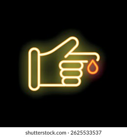 Icono de neón brillante de una mano que toma una muestra de sangre con una prueba de punción del dedo
