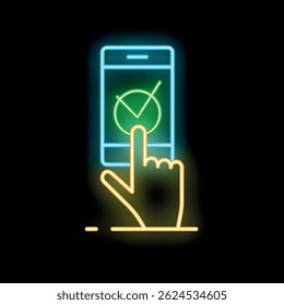 Neon glowing icon of a hand tapping a smartphone screen with a checkmark inside a circle