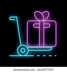 Neon glowing icon of a hand truck carrying a wrapped gift box present on dark background