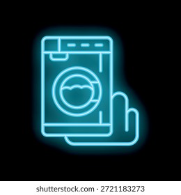 Neon glowing icon of a hand using a smartphone to control a washing machine, representing smart home technology