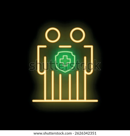 Neon glowing icon of a healthcare protection shield shared by two people