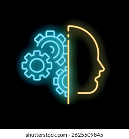 Neon glowing icon of a human head silhouette with gears representing artificial intelligence, machine learning and automation