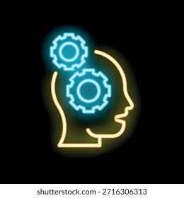 Icono de neón brillante de una silueta de cabeza humana con ruedas dentadas en el interior, que representa el proceso de pensamiento