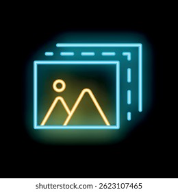 Neon glowing icon of an instant photo featuring a mountain landscape with a bright sun