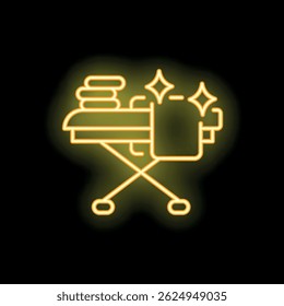 Neon glowing icon of ironing board with folded clothes and shining effect representing laundry service