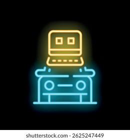 Neonleuchtendes Symbol eines Laptops, das ein drahtloses Netzwerk verwendet, um eine Verbindung mit einem Autosystem herzustellen, das die moderne Autotechnologie darstellt