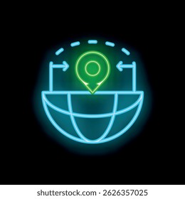 Neon glowing icon of a location pin pointing on an earth globe, representing a global positioning system