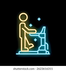 Neon glowing icon of man running on treadmill machine for fitness training