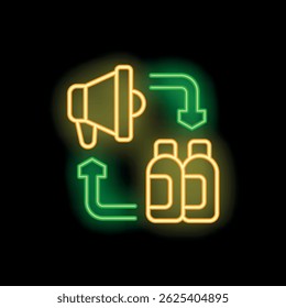 Neon glowing icon of a marketing funnel converting advertisement into sales with a megaphone and bottles