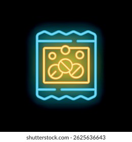 Neon glowing icon of medical drugs blister pack isolated on a dark background