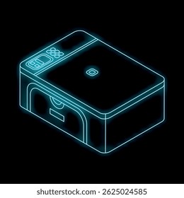 Icono de neón brillante de una impresora multifunción sobre un fondo negro