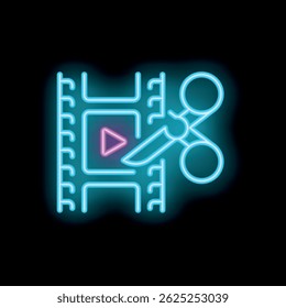 Neon glowing icon of a pair of scissors cutting a film strip, symbolizing video editing