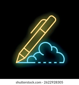 Neon glowing icon of a pen writing on a cloud computing symbol, representing data storage, online services, and digital innovation