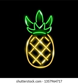 Neon glowing icon of pineapple isolated on black background. Design element, logo, banner for summer, tropic concept. Vector 10 EPS illustration.